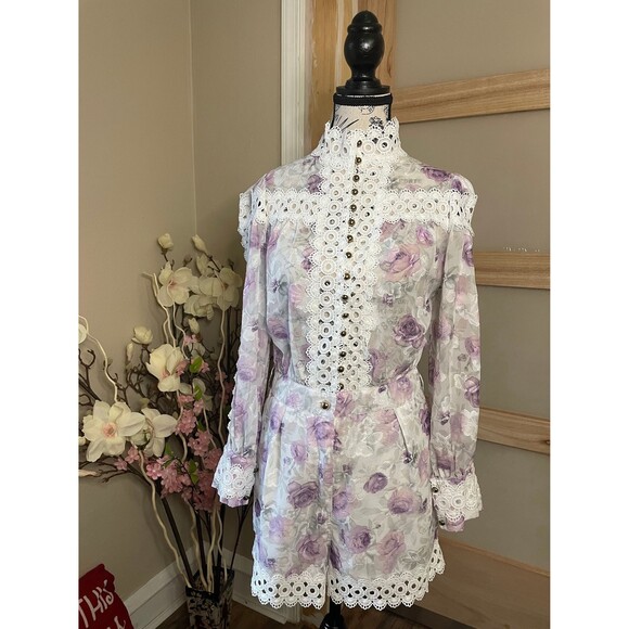 Muy Muy Pants - Muy Muy Lace Embroidered Romper Sheer White Purple High Neck Sz Small